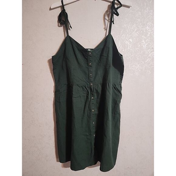 Aerie Dress Tie String Spaghetti Strap Button Down Green Mini sz XL 55% Linen - Picture 1 of 5